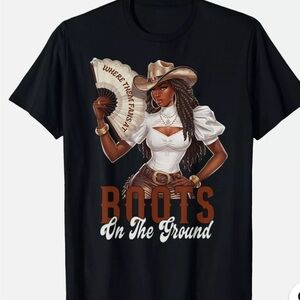 COPY - Black Graphic T-Shirt with Cowgirl Design Where them fans at Boots on th…